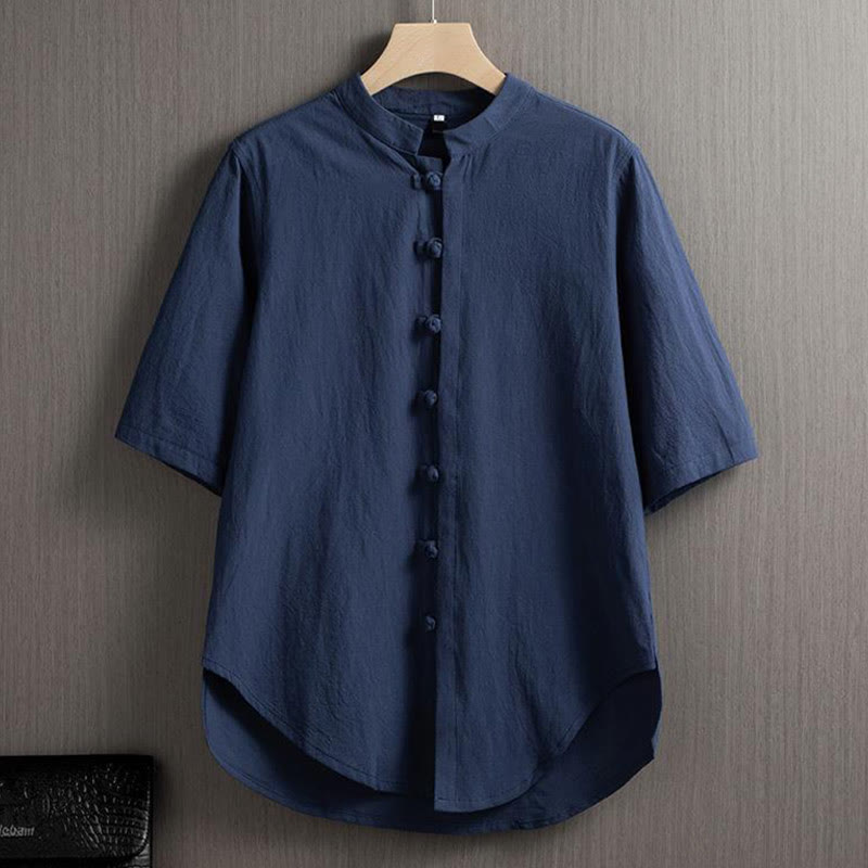 Buddha Stones Frog-Button Plain Chinese Tang Suit Short Sleeve Shirt Cotton Linen Men Clothing - Steelblue - US/UK/AU46，EU56 (5XL) - image 7