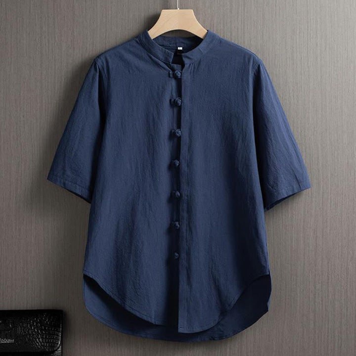 Buddha Stones Frog-Button Plain Chinese Tang Suit Short Sleeve Shirt Cotton Linen Men Clothing - Steelblue - US/UK/AU46，EU56 (5XL) - image 7