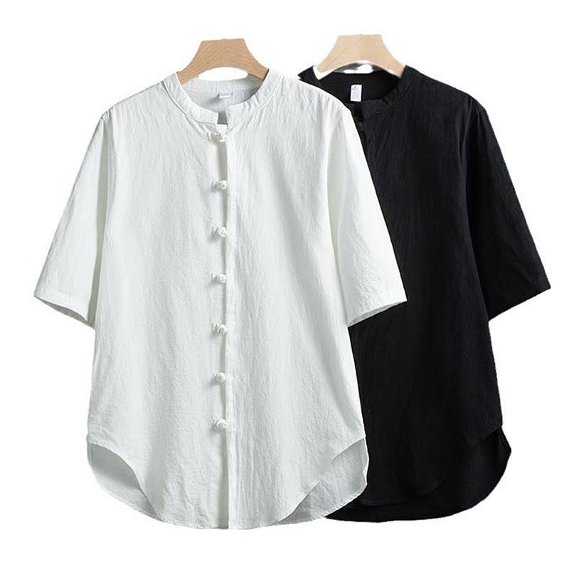 Buddha Stones Frog-Button Plain Chinese Tang Suit Short Sleeve Shirt Cotton Linen Men Clothing - image 8