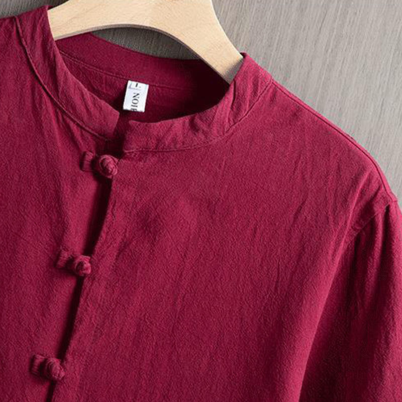Buddha Stones Frog-Button Plain Chinese Tang Suit Short Sleeve Shirt Cotton Linen Men Clothing - image 3