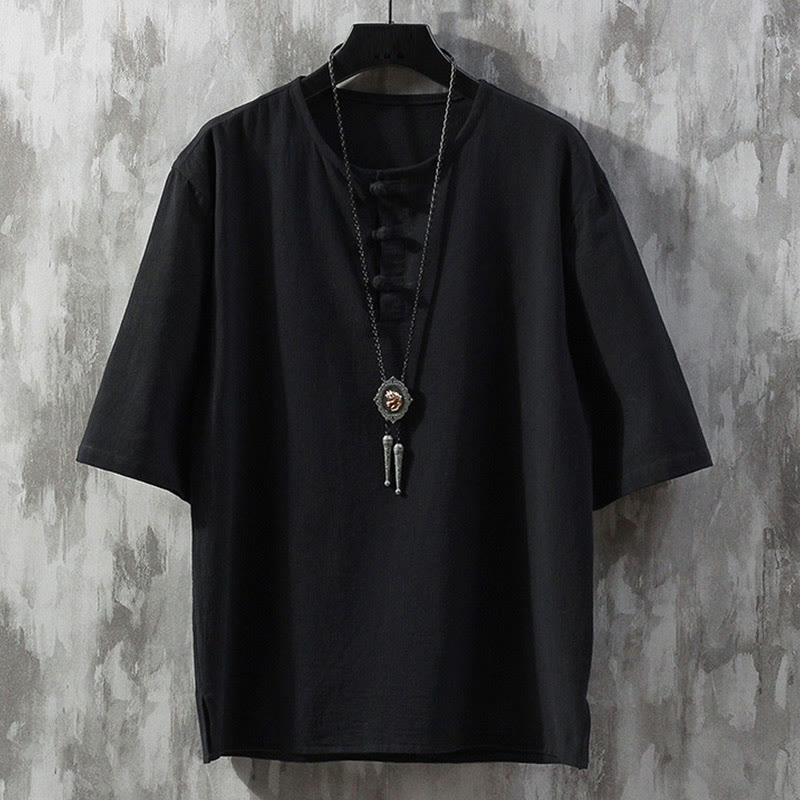 Buddha Stones Frog-Button Plain Color Chinese Tang Suit Half Sleeve Shirt Linen Men Clothing - Black - US/UK/AU46，EU56 (5XL)  - image 5