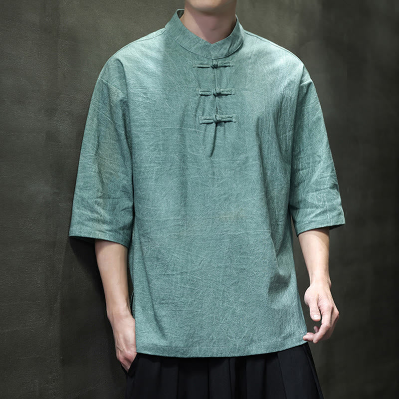 Buddha Stones Men's Chinese Frog-Button Tang Suit Half Sleeve Cotton Linen Shirt - MediumAquamarine - US/UK/AU46，EU56 (5XL)  - image 6