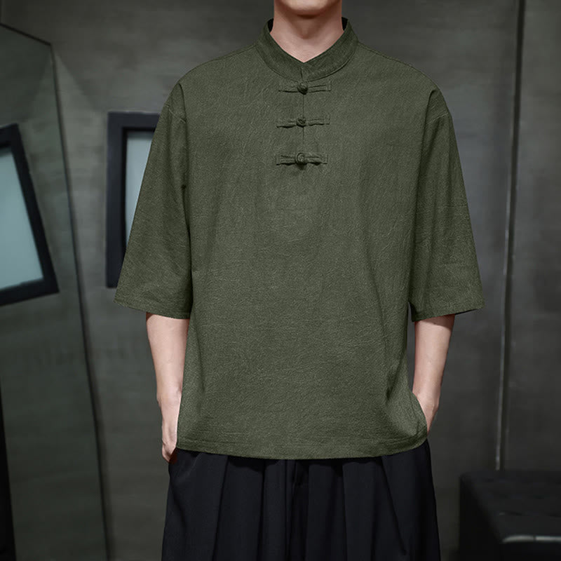 Buddha Stones Men's Chinese Frog-Button Tang Suit Half Sleeve Cotton Linen Shirt - DarkOliveGreen - US/UK/AU46，EU56 (5XL)  - image 1