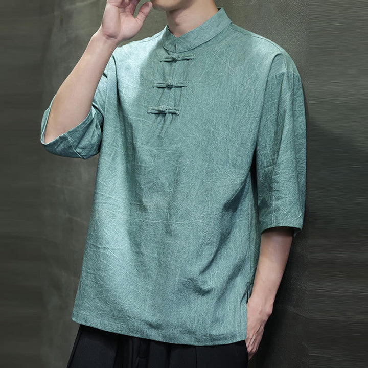 Buddha Stones Men's Chinese Frog-Button Tang Suit Half Sleeve Cotton Linen Shirt - image 10