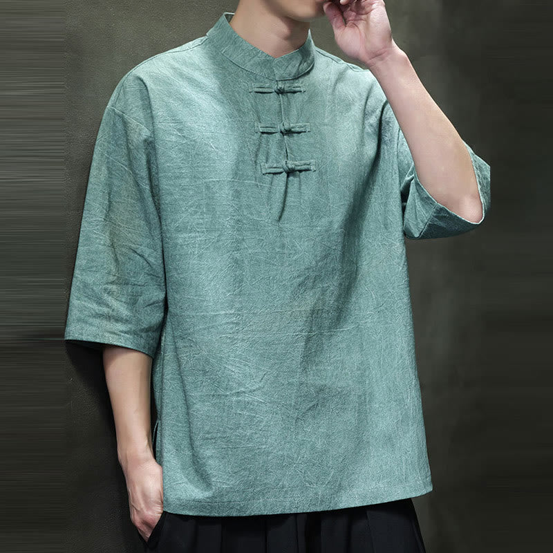 Buddha Stones Men's Chinese Frog-Button Tang Suit Half Sleeve Cotton Linen Shirt - image 9