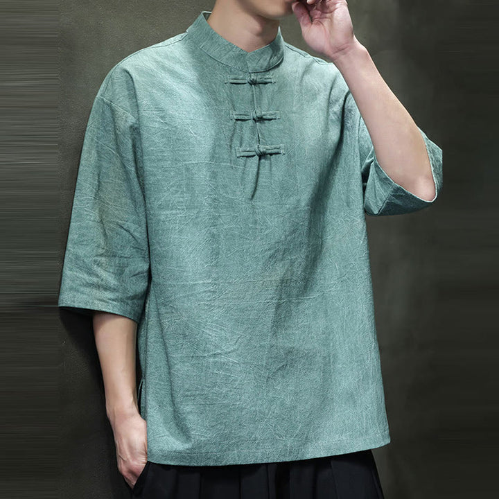 Buddha Stones Men's Chinese Frog-Button Tang Suit Half Sleeve Cotton Linen Shirt - image 9