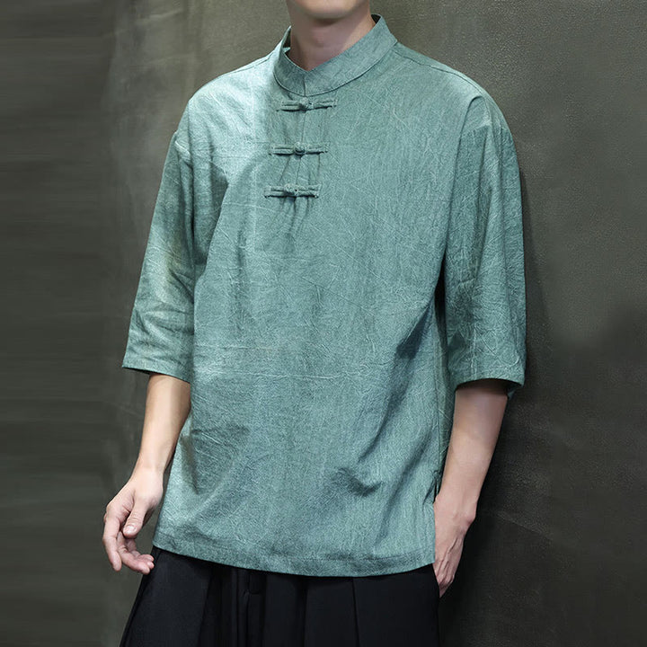 Buddha Stones Men's Chinese Frog-Button Tang Suit Half Sleeve Cotton Linen Shirt - image 11