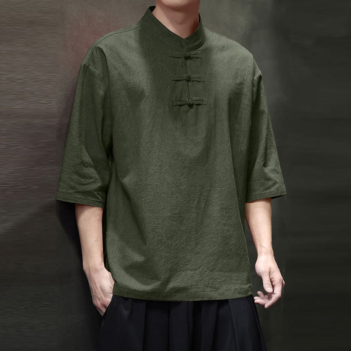 Buddha Stones Men's Chinese Frog-Button Tang Suit Half Sleeve Cotton Linen Shirt - image 1