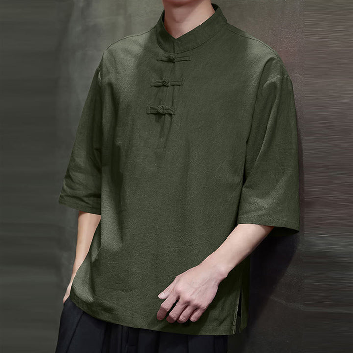 Buddha Stones Men's Chinese Frog-Button Tang Suit Half Sleeve Cotton Linen Shirt - image 3