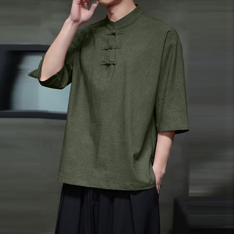 Buddha Stones Men's Chinese Frog-Button Tang Suit Half Sleeve Cotton Linen Shirt - image 3