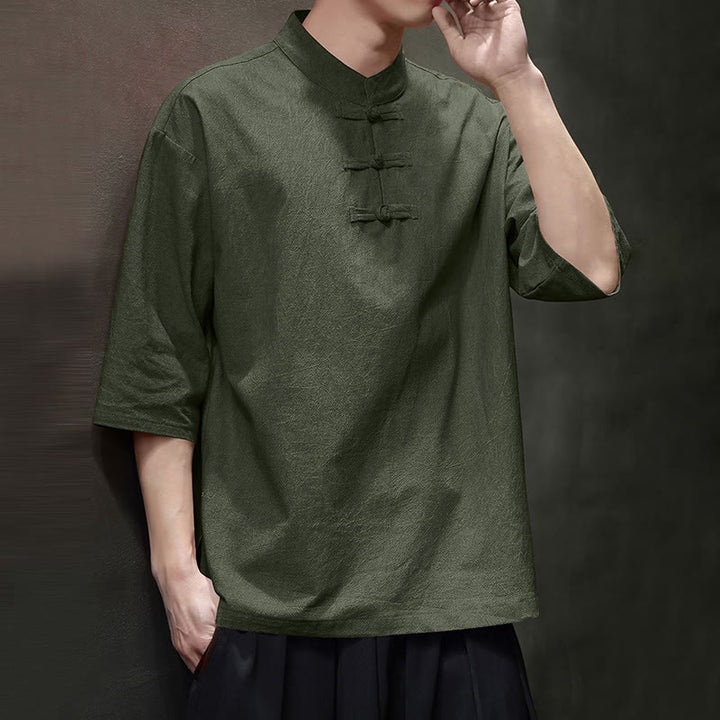 Buddha Stones Men's Chinese Frog-Button Tang Suit Half Sleeve Cotton Linen Shirt - image 5