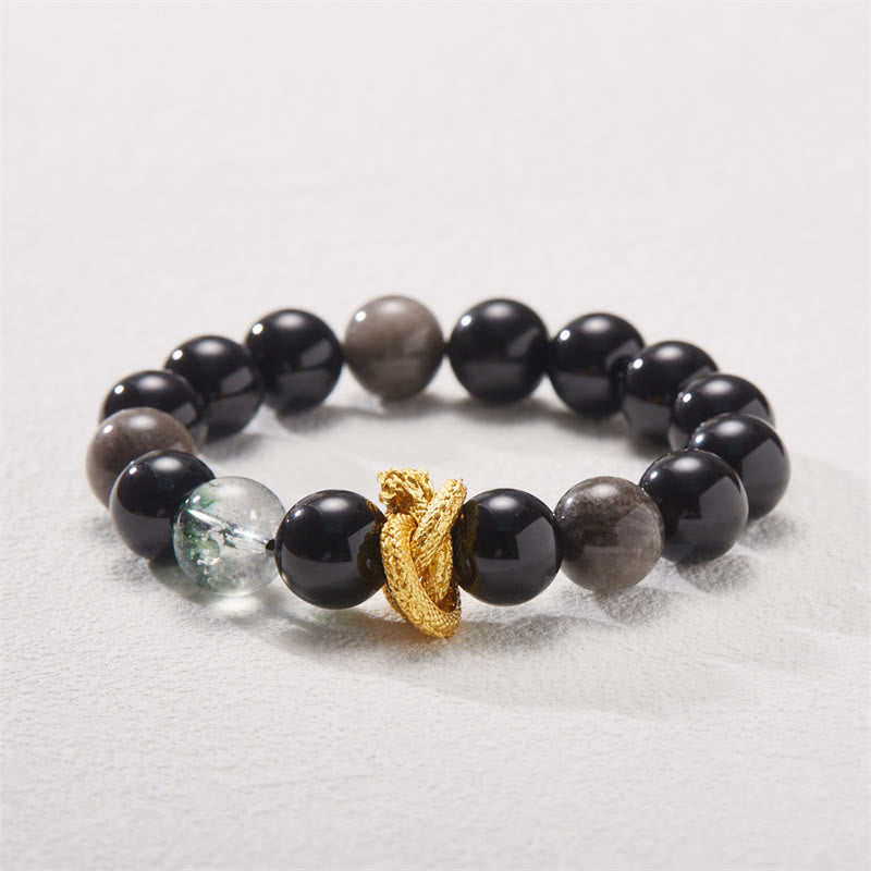 Buddha Stones Natural Silver Sheen Obsidian Dragon Green Phantom Protection Bracelet