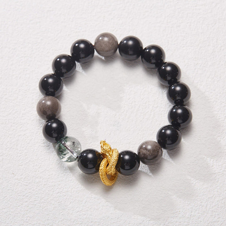 Buddha Stones Natural Silver Sheen Obsidian Dragon Green Phantom Protection Bracelet