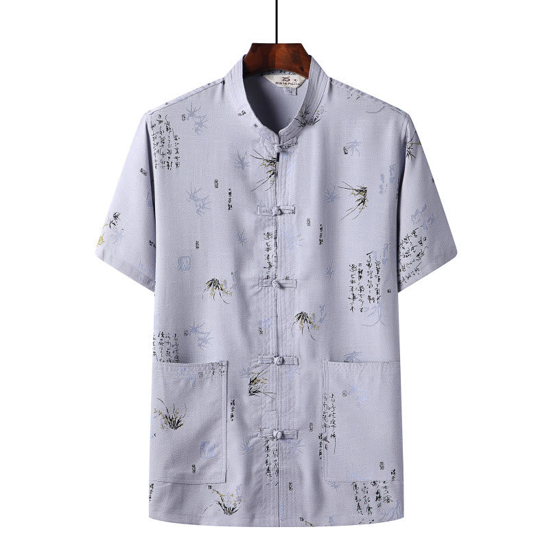 Buddha Stones Frog-Button Fu Character Dragon Bamboo Leaf Chinese Tang Suit Short Sleeve Shirt Linen With Pockets - LightBlue - Bamboo Leaf - US/UK/AU46，EU56 (4XL)  - image 10