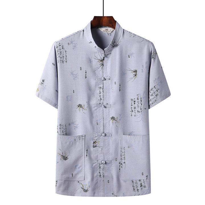 Buddha Stones Frog-Button Fu Character Dragon Bamboo Leaf Chinese Tang Suit Short Sleeve Shirt Linen With Pockets