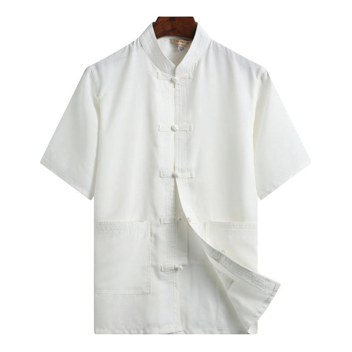 Buddha Stones Frog-Button Fu Character Dragon Bamboo Leaf Chinese Tang Suit Short Sleeve Shirt Linen With Pockets - White - Solid Color - US/UK/AU46，EU56 (4XL)  - image 16