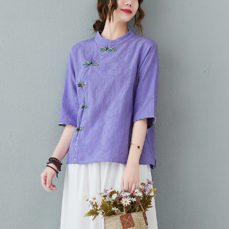 Buddha Stones Floral Pattern Frog-Button Half Sleeve Cotton Linen Shirt