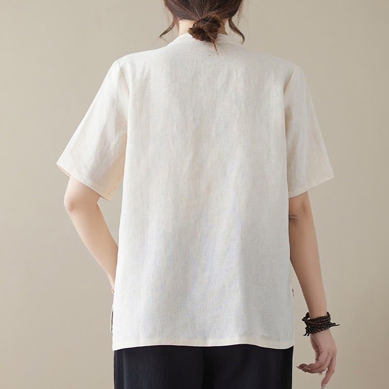 Buddha Stones Solid Color Frog-Button Short Sleeve Cotton Linen Shirt - image 2