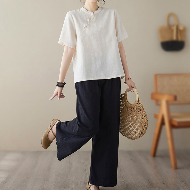 Buddha Stones Solid Color Frog-Button Short Sleeve Cotton Linen Shirt - image 6