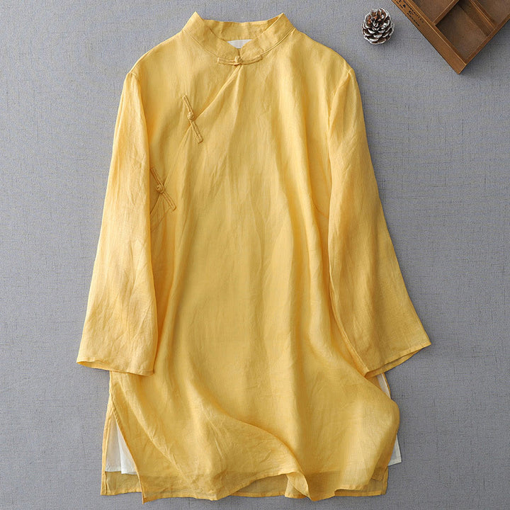 Buddha Stones Solid Color Frog-Button Three Quarter Sleeve Double Layer Cotton Linen Shirt - LemonChiffon - US8-10，UK/AU12-14，EU40-42 (2XL) - image 5