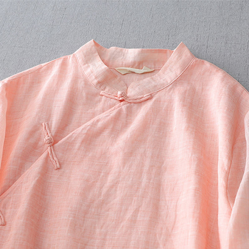 Buddha Stones Solid Color Frog-Button Three Quarter Sleeve Double Layer Cotton Linen Shirt - image 18