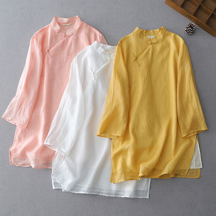 Buddha Stones Solid Color Frog-Button Three Quarter Sleeve Double Layer Cotton Linen Shirt - image 0