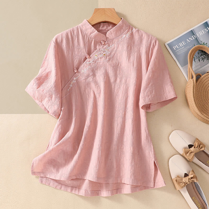 Buddha Stones Plum Blossom Embroidery Frog-Button Short Sleeve Cotton Linen Shirt - MistyRose - 2XL(Fit for US8-10; UK/AU12-14; EU40-42) - image 0