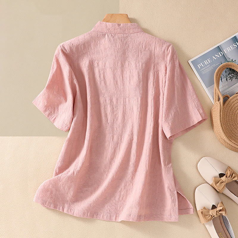 Buddha Stones Plum Blossom Embroidery Frog-Button Short Sleeve Cotton Linen Shirt - image 1