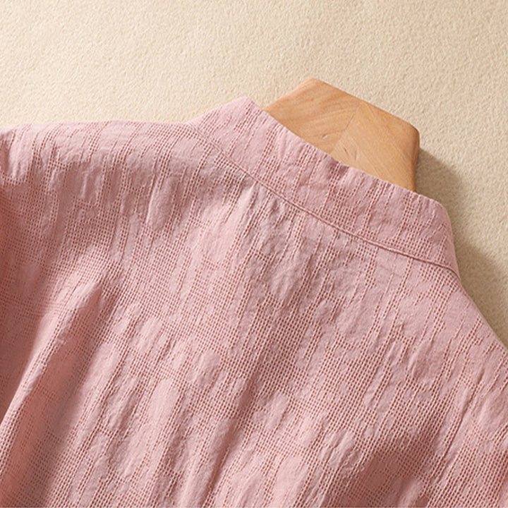 Buddha Stones Plum Blossom Embroidery Frog-Button Short Sleeve Cotton Linen Shirt - image 4