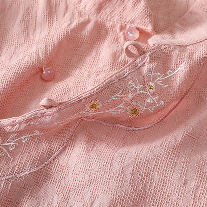 Buddha Stones Plum Blossom Embroidery Frog-Button Short Sleeve Cotton Linen Shirt - image 7