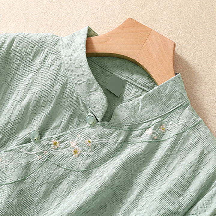 Buddha Stones Plum Blossom Embroidery Frog-Button Short Sleeve Cotton Linen Shirt - image 14
