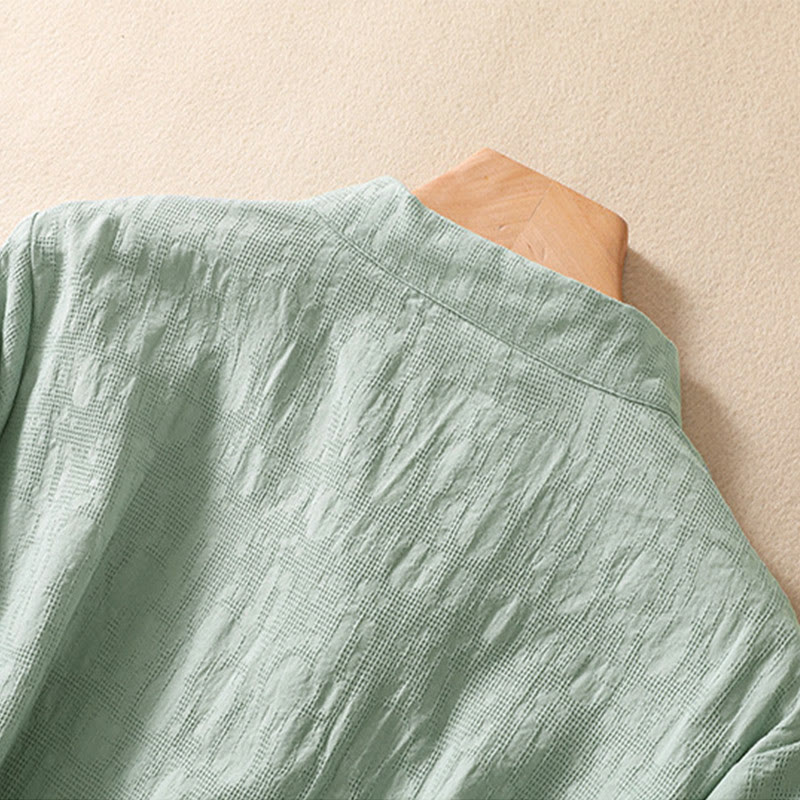 Buddha Stones Plum Blossom Embroidery Frog-Button Short Sleeve Cotton Linen Shirt - image 15