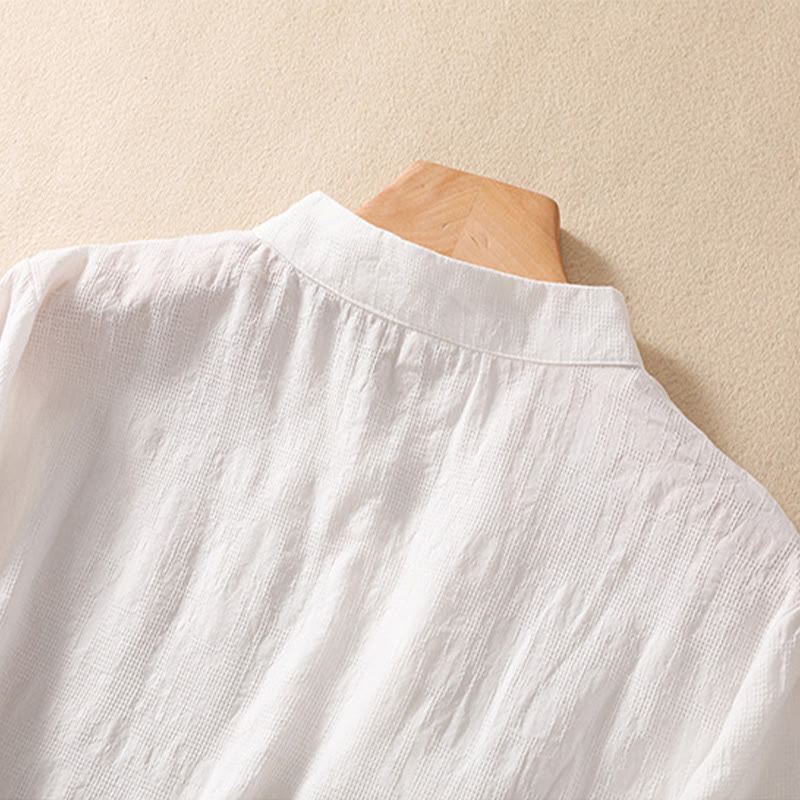 Buddha Stones Plum Blossom Embroidery Frog-Button Short Sleeve Cotton Linen Shirt - image 27
