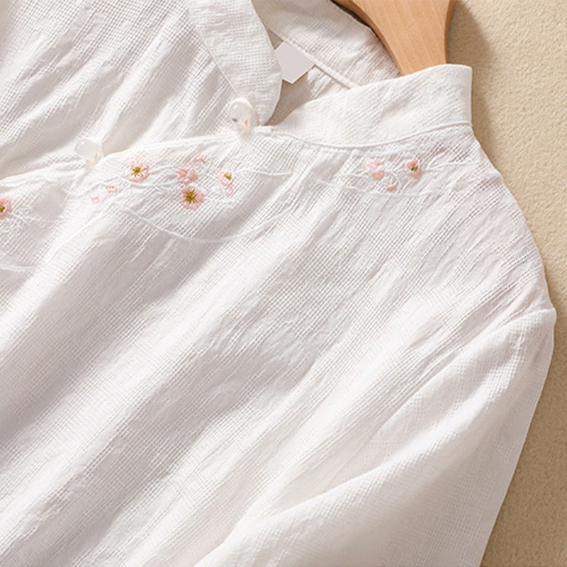 Buddha Stones Plum Blossom Embroidery Frog-Button Short Sleeve Cotton Linen Shirt - image 28