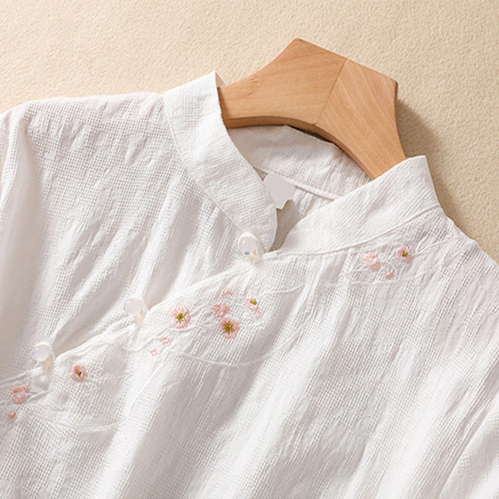 Buddha Stones Plum Blossom Embroidery Frog-Button Short Sleeve Cotton Linen Shirt