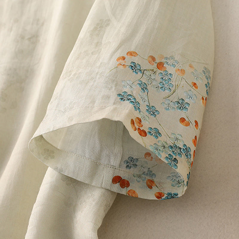 Buddha Stones Blue Flowers Orange Leaves Frog-Button Three Quarter Sleeve Shirt - image 9