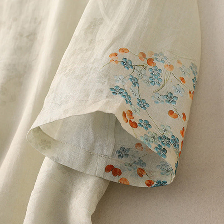 Buddha Stones Blue Flowers Orange Leaves Frog-Button Three Quarter Sleeve Shirt - image 9