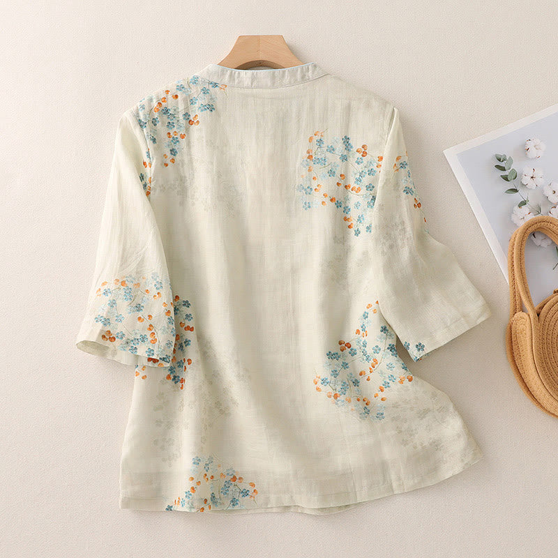 Buddha Stones Blue Flowers Orange Leaves Frog-Button Three Quarter Sleeve Cotton Linen Shirt