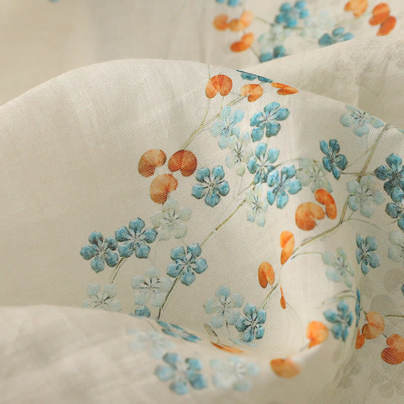 Buddha Stones Blue Flowers Orange Leaves Frog-Button Three Quarter Sleeve Cotton Linen Shirt - image 11