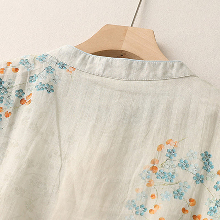 Buddha Stones Blue Flowers Orange Leaves Frog-Button Three Quarter Sleeve Cotton Linen Shirt - image 5