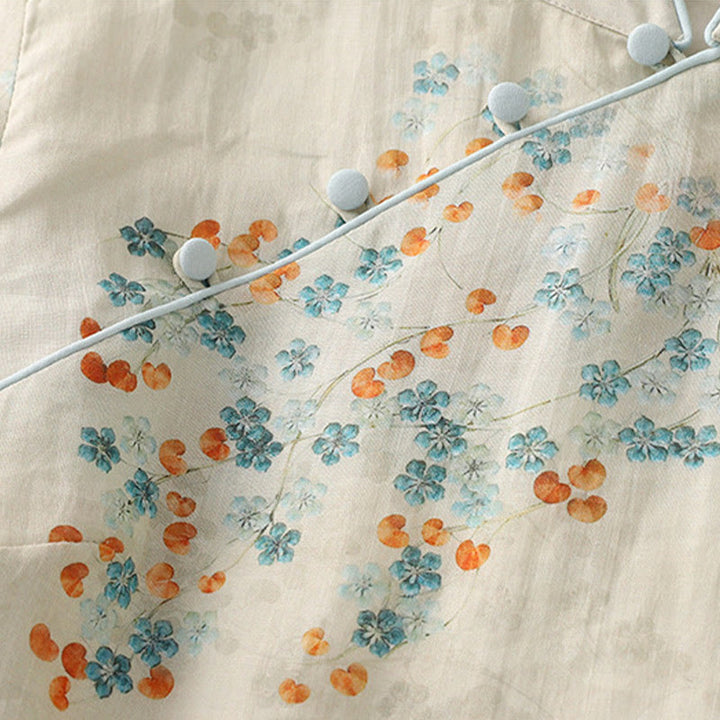 Buddha Stones Blue Flowers Orange Leaves Frog-Button Three Quarter Sleeve Cotton Linen Shirt - image 6