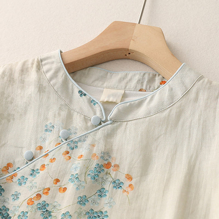 Buddha Stones Blue Flowers Orange Leaves Frog-Button Three Quarter Sleeve Cotton Linen Shirt - image 3