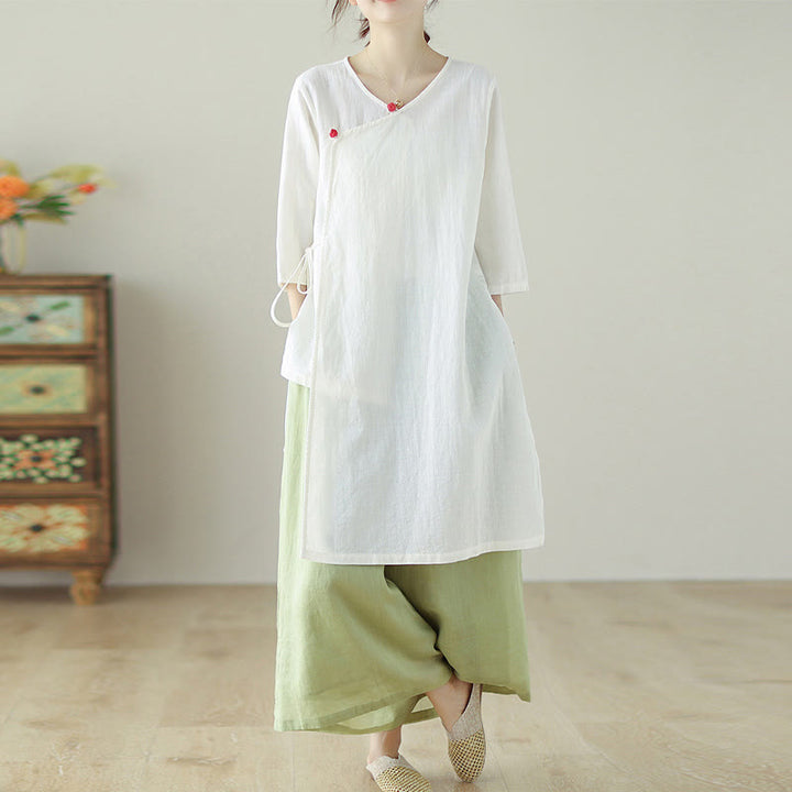 Buddha Stones Buttons Three Quarter Sleeve Lace-up Shirt Wide Leg Pants Meditation Cotton Linen Clothing