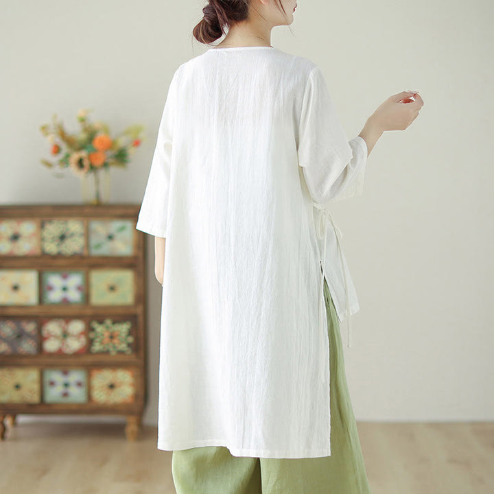 Buddha Stones Buttons Three Quarter Sleeve Lace-up Shirt Wide Leg Pants Meditation Cotton Linen Clothing