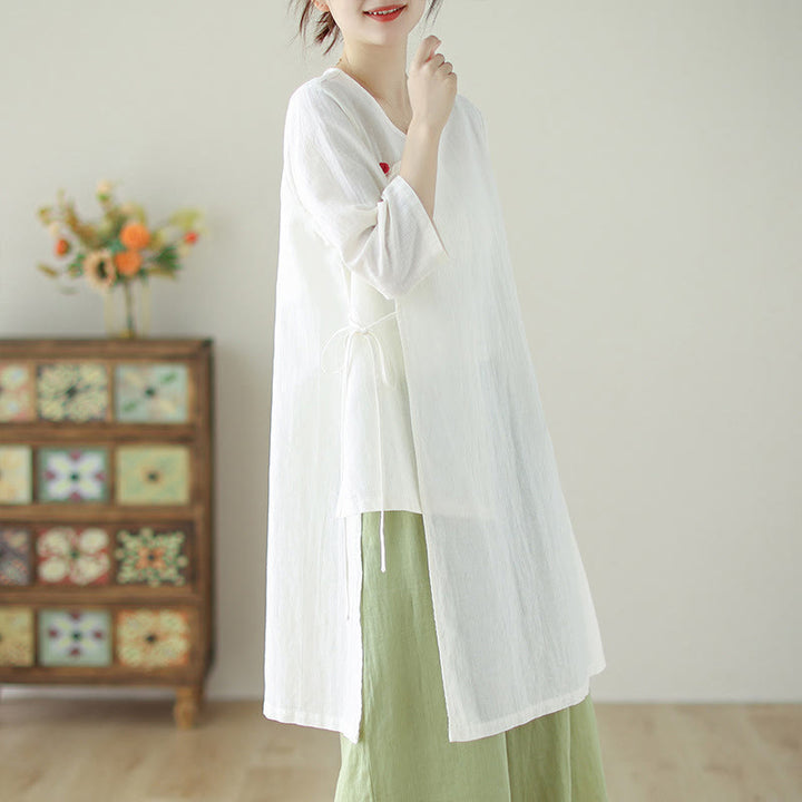 Buddha Stones Buttons Three Quarter Sleeve Lace-up Shirt Wide Leg Pants Meditation Cotton Linen Clothing