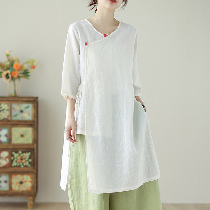 Buddha Stones Buttons Three Quarter Sleeve Lace-up Shirt Wide Leg Pants Meditation Cotton Linen Clothing