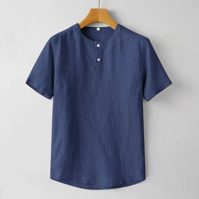 Buddha Stones Summer Men's Solid Color Button Short Sleeve Cotton Linen Shirt - SteelBlue - US/UK/AU48，EU58 (4XL) - image 12