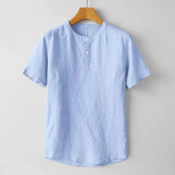 Buddha Stones Summer Men's Solid Color Button Short Sleeve Cotton Linen Shirt - LightSkyBlue - US/UK/AU48，EU58 (4XL) - image 9