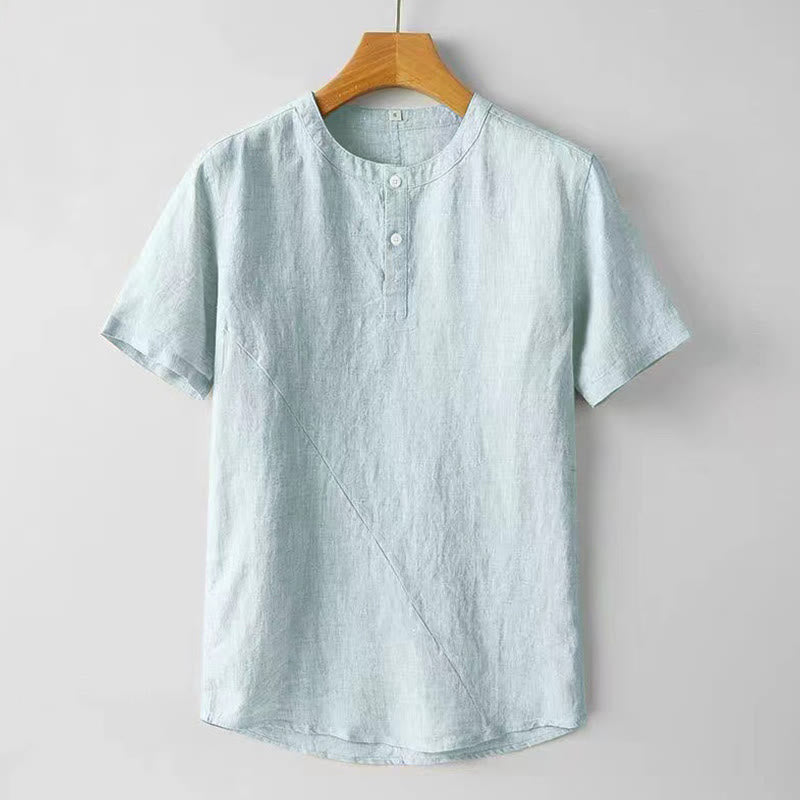 Buddha Stones Summer Men's Solid Color Button Short Sleeve Cotton Linen Shirt - PowderBlue - US/UK/AU48，EU58 (4XL) - image 11