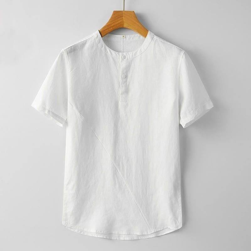 Buddha Stones Summer Men's Solid Color Button Short Sleeve Cotton Linen Shirt - White - US/UK/AU48，EU58 (4XL) - image 7
